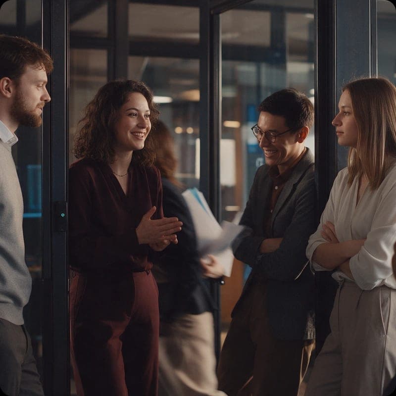 Four colleagues talking and smiling in a glass-walled office corridor.