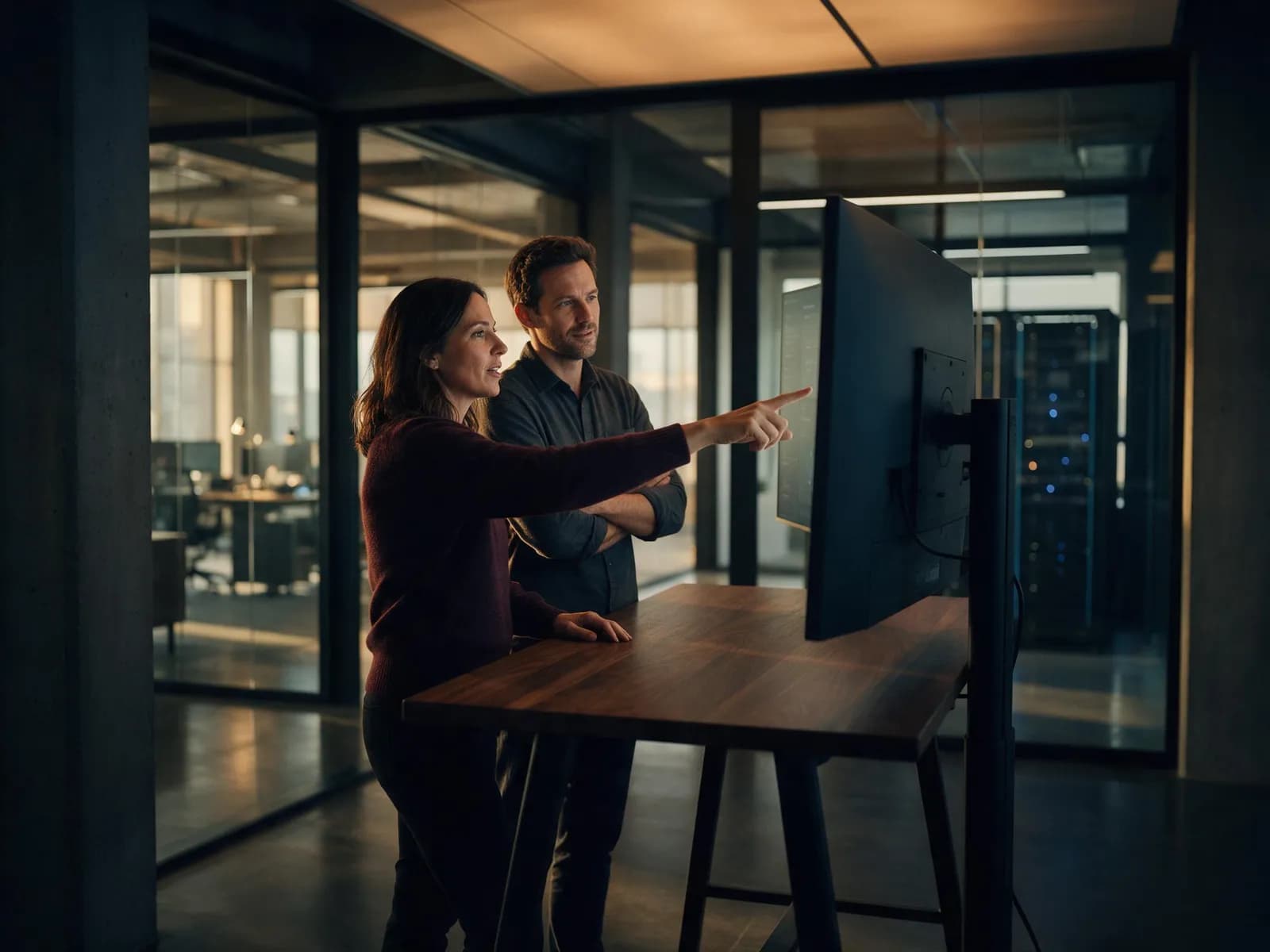 Two colleagues pointing at a data display