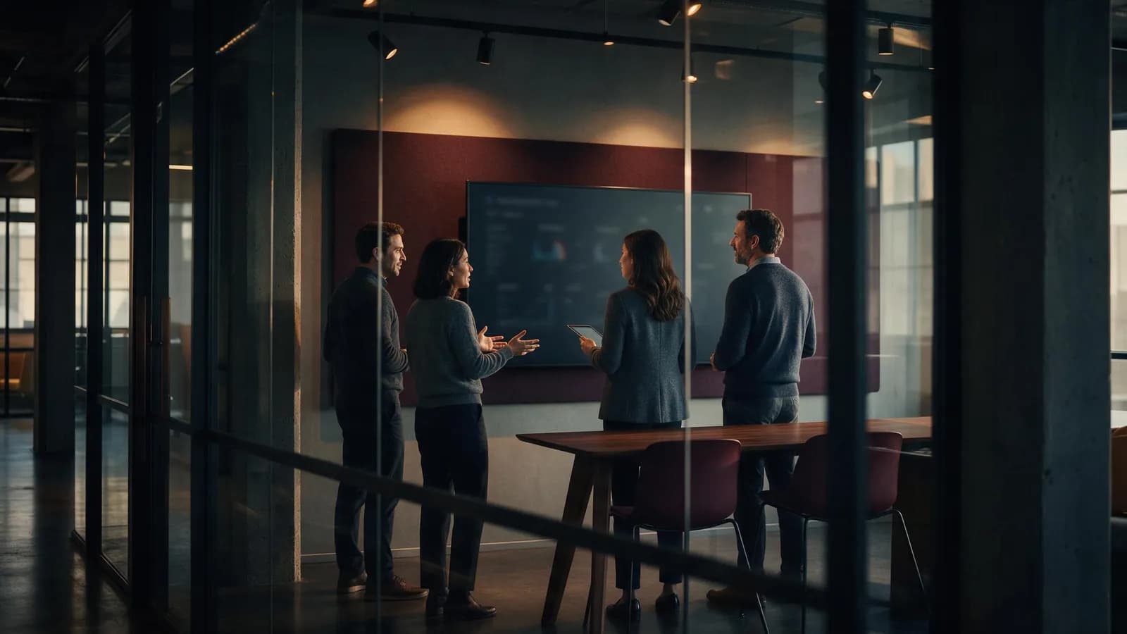 Team discussing analytics on a wall screen