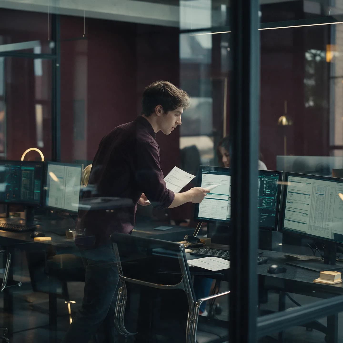 Analyst reviewing exposure data behind a glass office wall