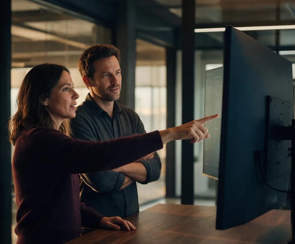 Two colleagues discussing work on a desktop monitor